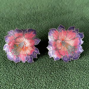 Vintage Purple Metal Flower Stud Earrings Retro